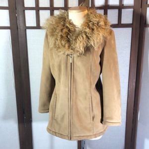 Dana Buchman faux camel suede jacket with real fur trim size S/ vey soft